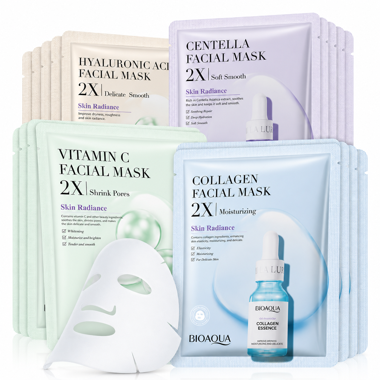 Pack de 4 Masques Visage BIOAQUA 2X – Centella, Collagène, Acide Hyaluronique & Vitamine C