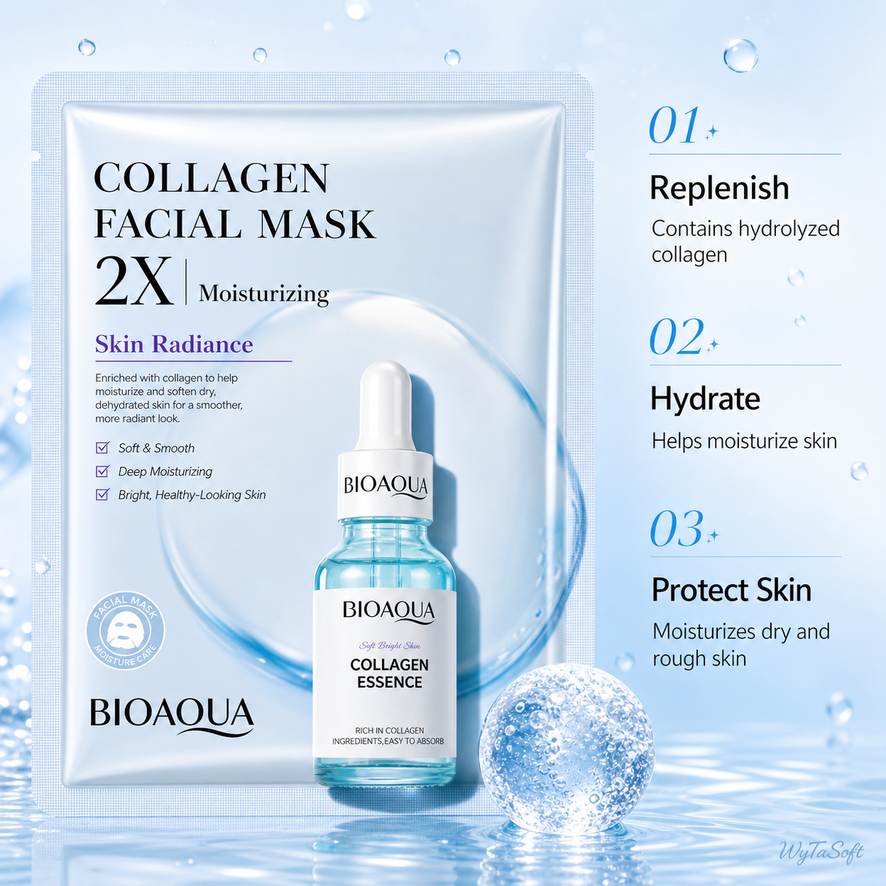 Pack de 4 Masques Visage BIOAQUA 2X – Centella, Collagène, Acide Hyaluronique & Vitamine C